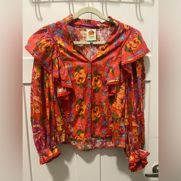 Farm Rio Red Spring Bananas Ruffle Blouse. - Picture 1 of 5